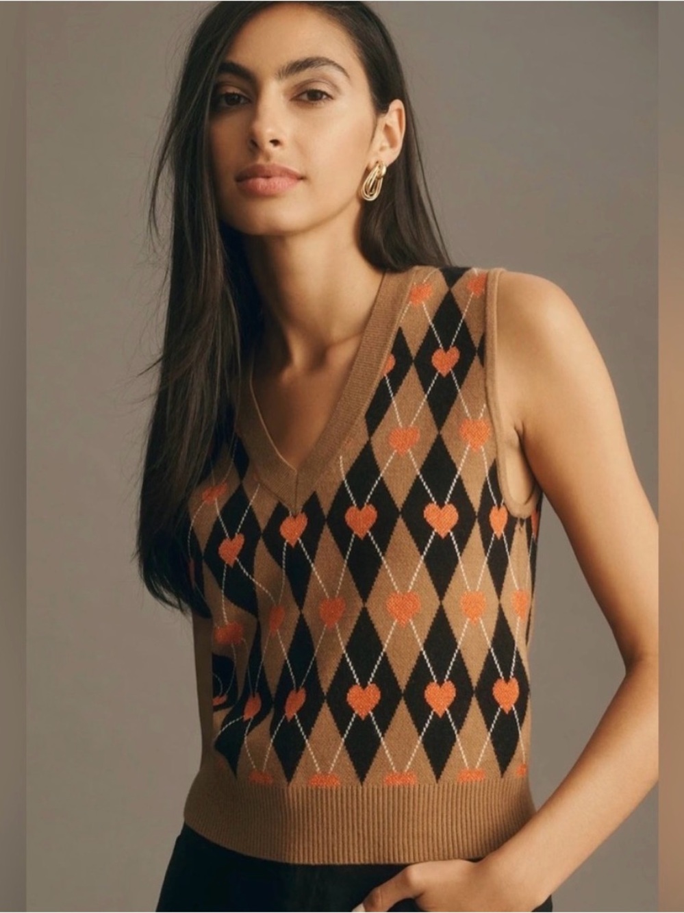 Women’s Brown & Black Argyle Heart Knit Sweater Vest